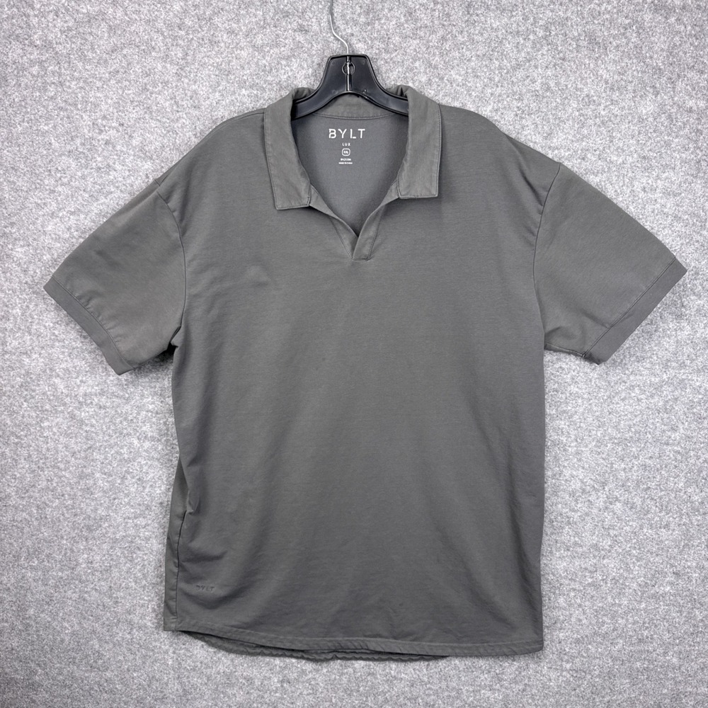 BYLT Basics Lux Polo Shirt Mens XXL‎ Charcoal Grey Short Sleeve V-Neck No Button